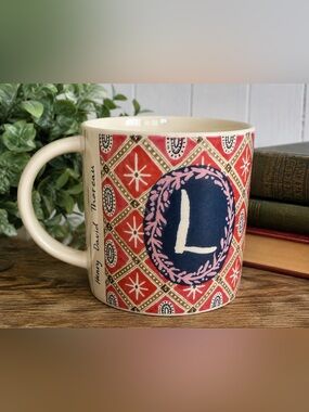 Anthropologie Monogram Letter L Mug Henry David Thoreau Red Tapestry EUC